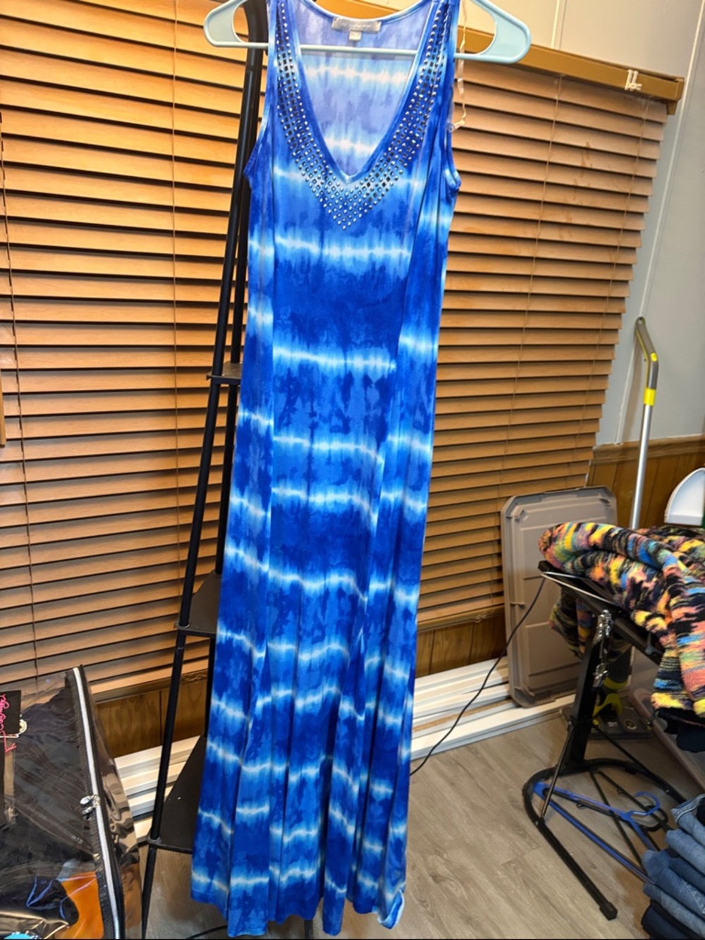 NY Collection Blue Tie-Dye Sleeveless Maxi Dress with Studded V-Neck